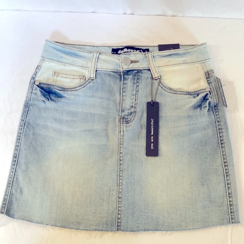 DOLLHOUSE Jean Mini Skirt Two Tone Denim Size 3 Raw Hem Pulled Threads NWT